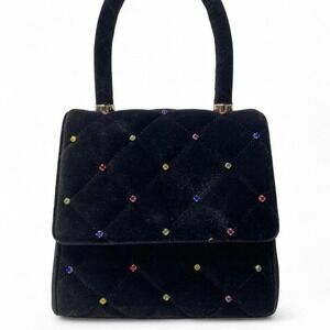 Les Petits Joueurs Blk Velvet Quilted Mini Top Handle Bag Rhinestone Embellished